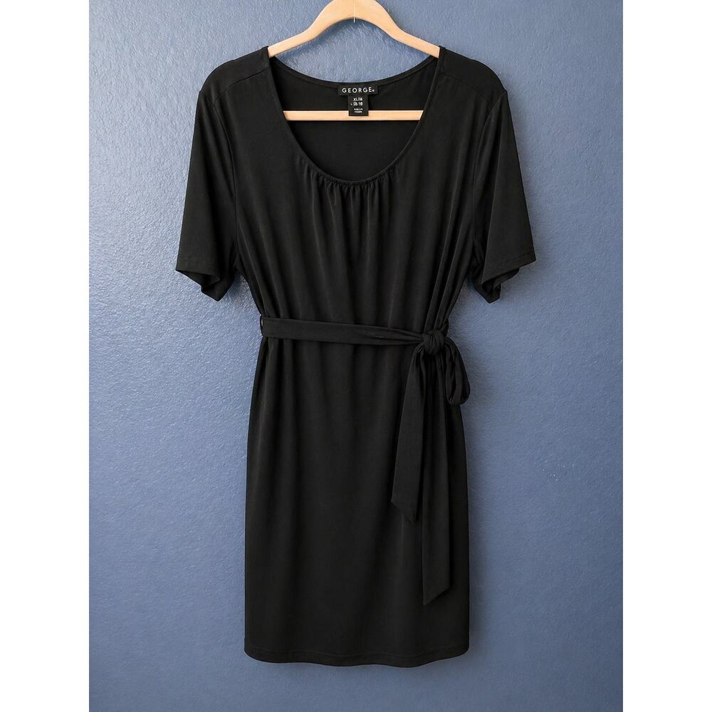 George Black Short Sleeve Tie Waist Dress Knee Length, Stretch XL 16-18